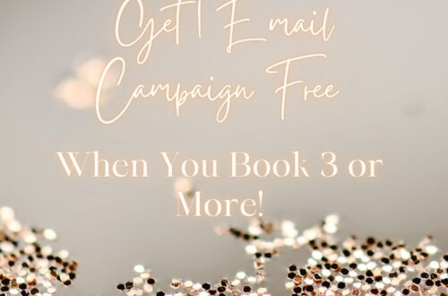 Promotional image offering a free email campaign when booking three or more, with shiny gold confetti in the background.