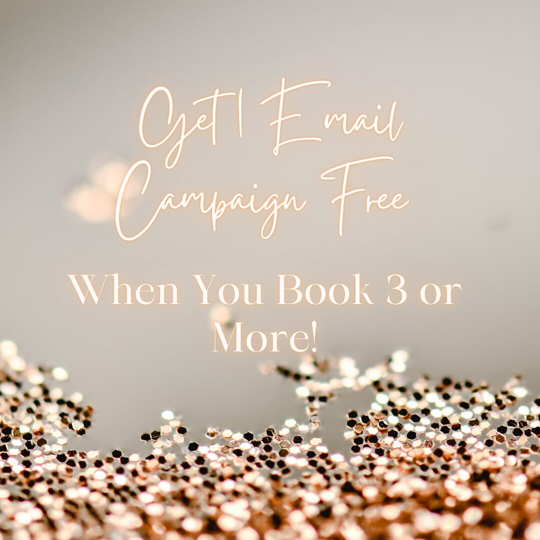 Promotional image offering a free email campaign when booking three or more, with shiny gold confetti in the background.