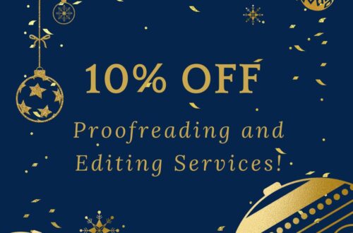 Promotional graphic with "10% OFF Proofreading and Editing Services!" text and golden ornaments on navy blue.