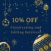 Promotional graphic with "10% OFF Proofreading and Editing Services!" text and golden ornaments on navy blue.