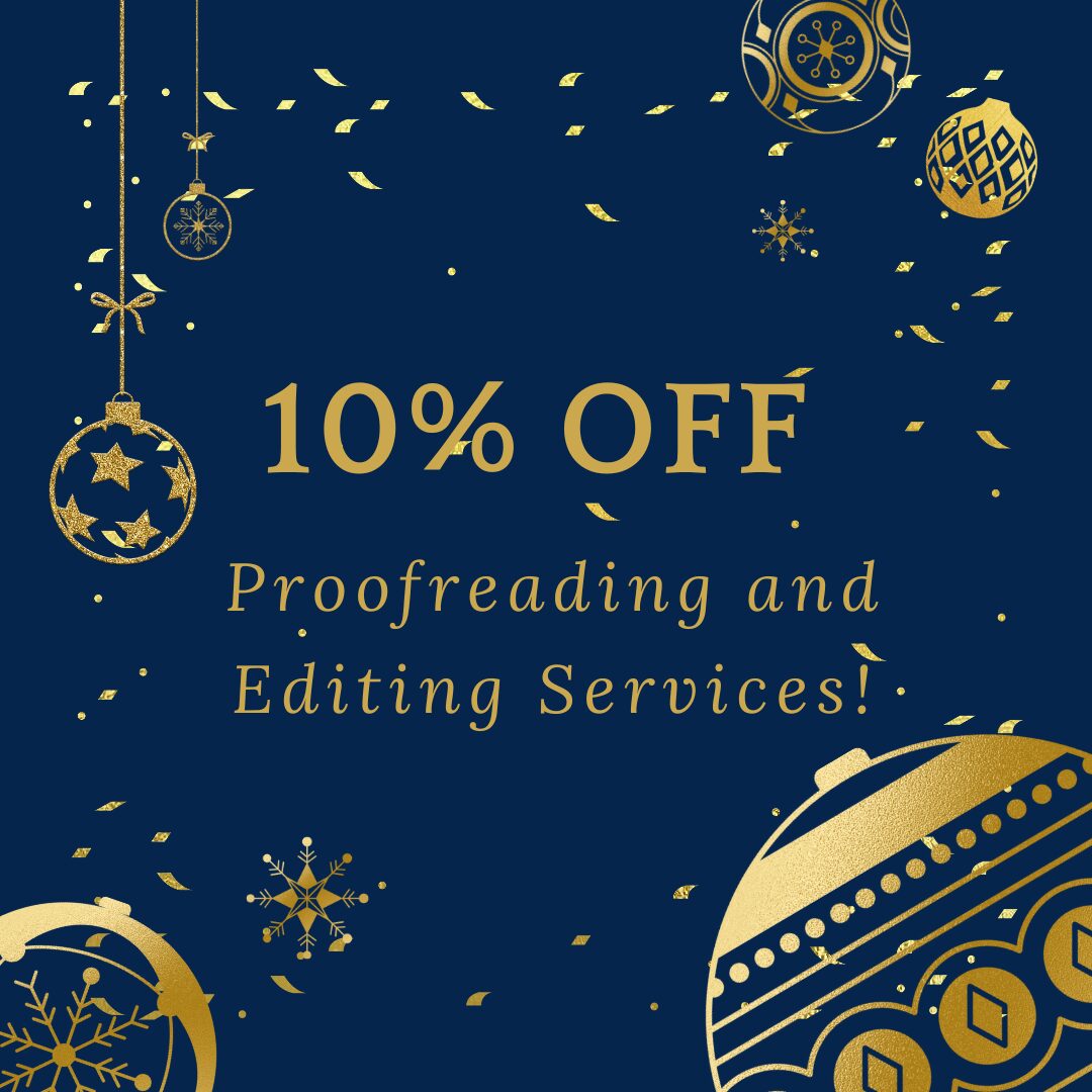 Promotional graphic with "10% OFF Proofreading and Editing Services!" text and golden ornaments on navy blue.