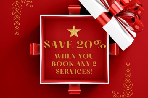 Red gift box with text "SAVE 20% WHEN YOU BOOK ANY 2 SERVICES!" and a gold star on a red background.