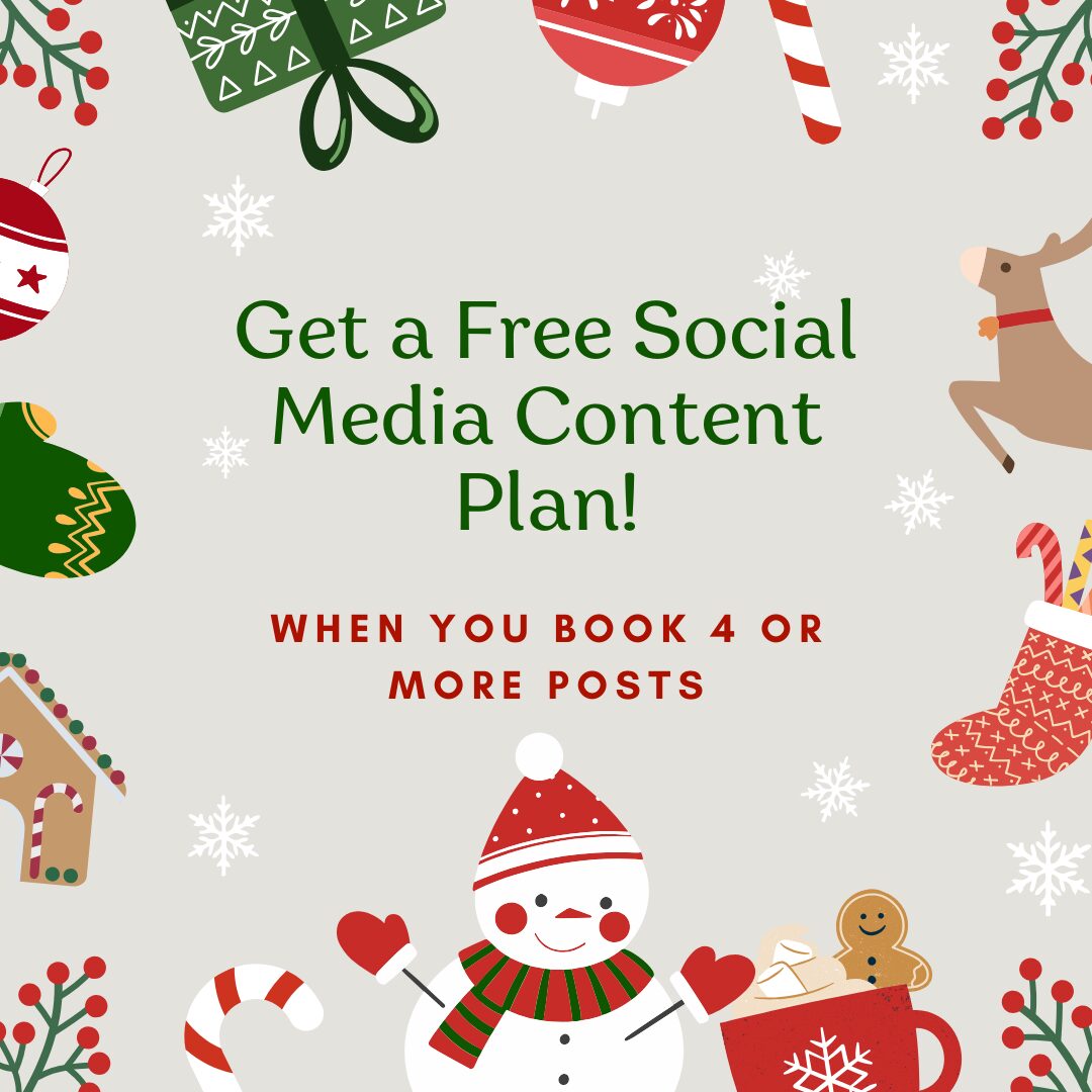 Christmas-themed ad with text offering a free social media plan and festive illustrations around the border.