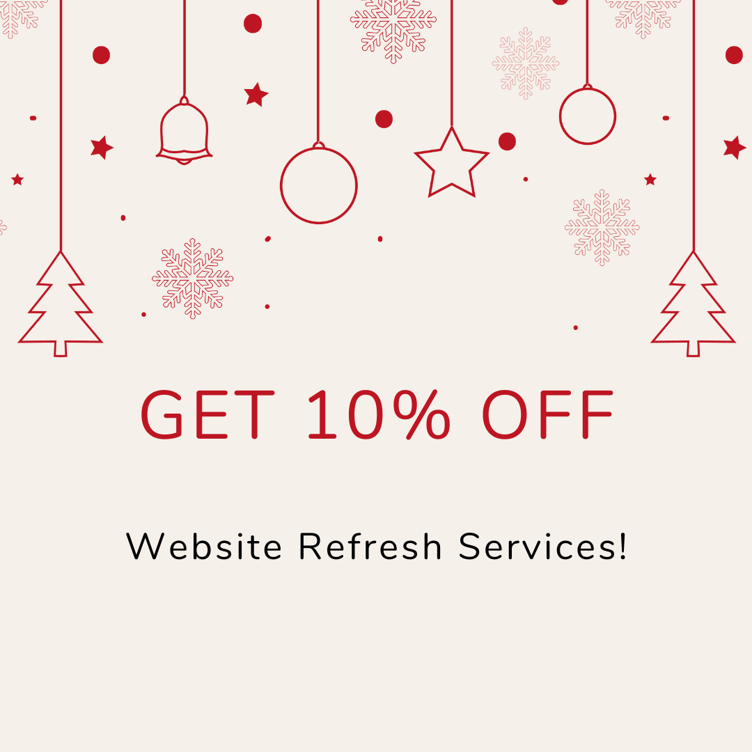 Promotional graphic with "GET 10% OFF Website Refresh Services" and hanging Christmas decorations.