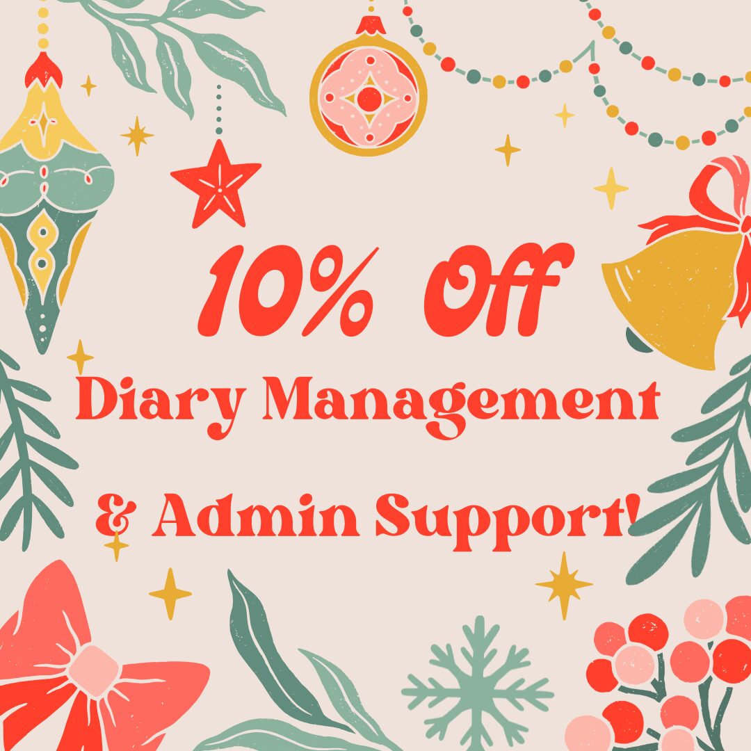 Promotional holiday ad with "10% Off Diary Management & Admin Support" surrounded by festive decorations.