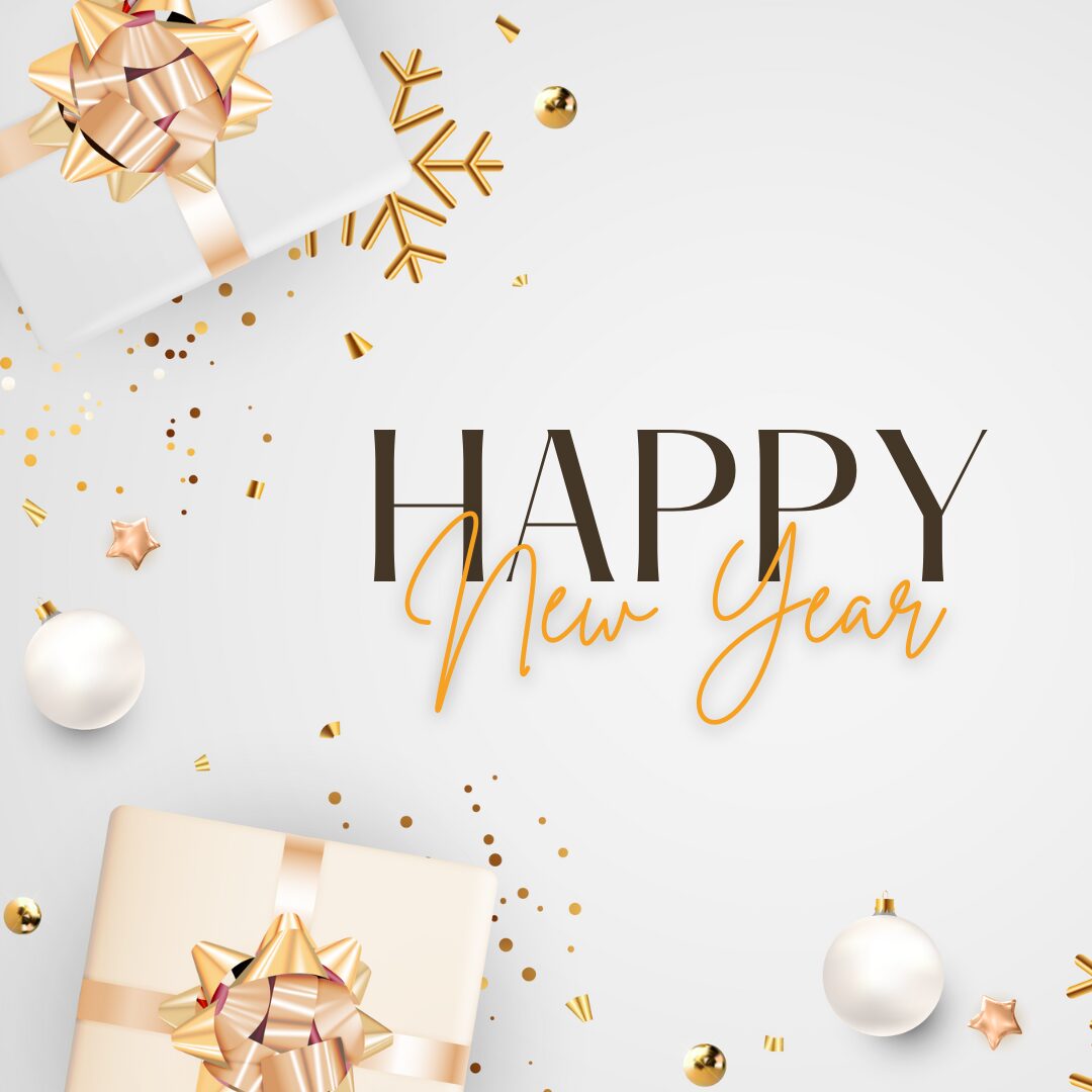 Festive 'Happy New Year' greeting with gold decorations, confetti, and gift boxes.