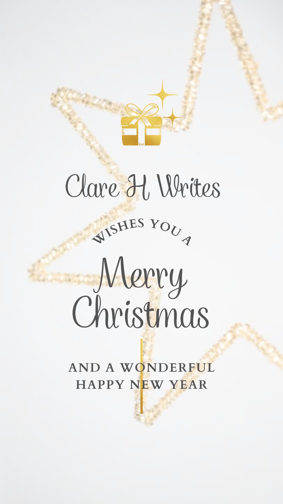 Festive greeting card with "Merry Christmas" and "Happy New Year" wishes, decorated with golden star and gift icon.