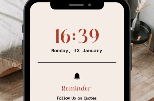 A smartphone displaying a reminder to follow up on quotes, time 16:39, on a wooden bedside table.